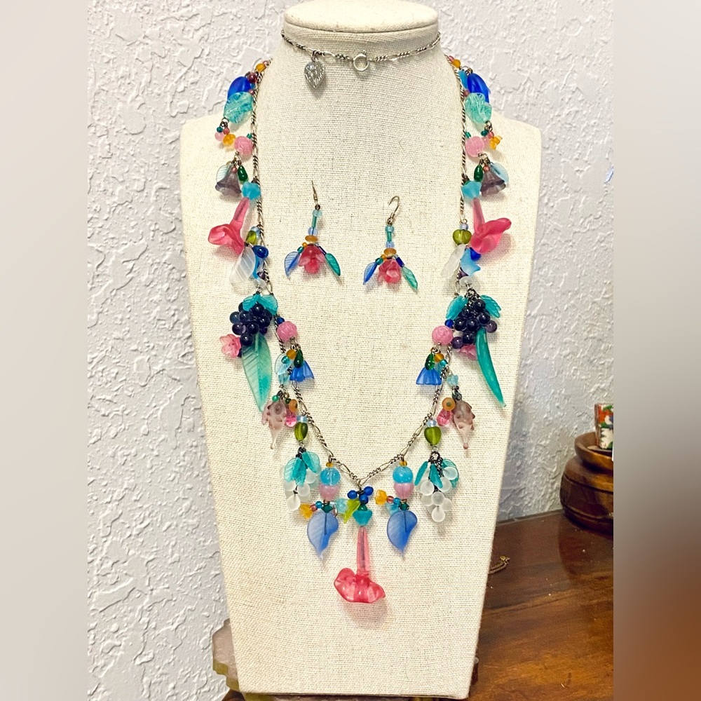 Vintage Lucy Issac’s Sterling Silver Glass Fruit Salad Necklace & Earrings 925